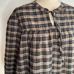 NWT Barbour Tan Plaid Shimmer Tie Neck Balloon Sleeve Peasant Top 12